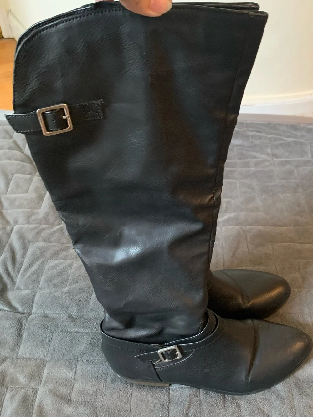 Vintage Black faux leather knee high boots with buckle detail size 8